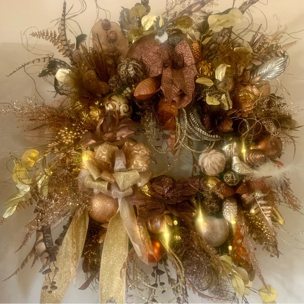 New Large 32” Elegant Floral Christmas Bronze Gold Luxury Wreath With Lights